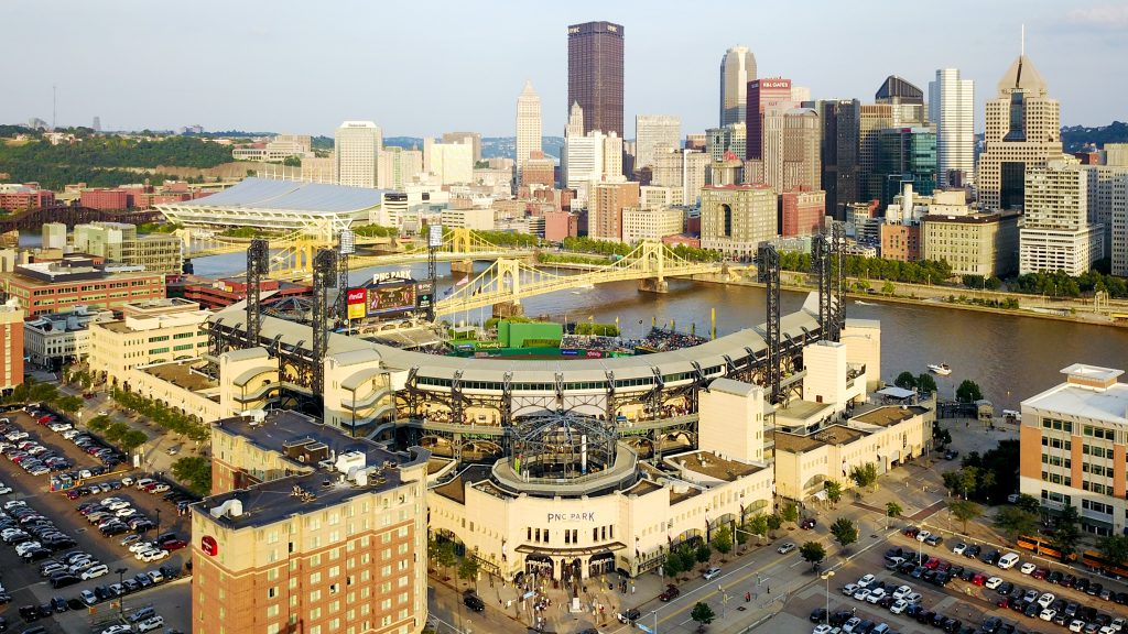 PNC Park in front of a Pittsburgh Skyline