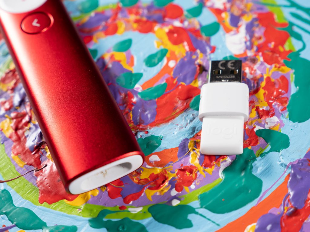Closeup of Logitech's Spotlight Presenter USB dongle.